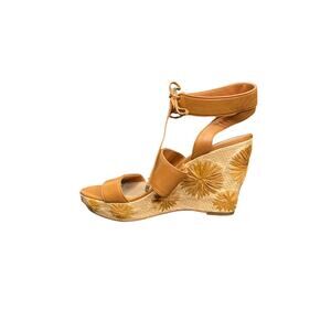 Lord & Taylor 424 Fifth LR-Sage Straw Woven Floral Decorative Wedges Size‎ 10